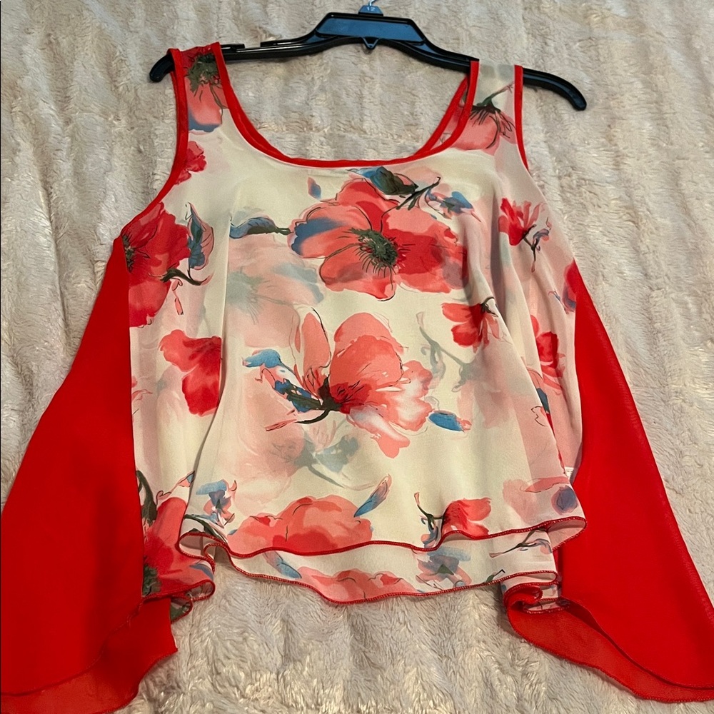 Papaya Red and White Floral Blouse